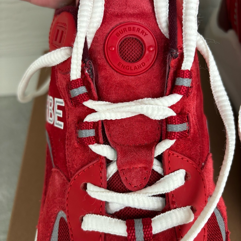 SOLD - Burberry Logo Print Suede Red Sneakers, Like New - Picture 5 of 8